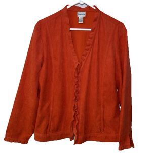 Chico’s Size 3 Large Open Front Light Weight Jacket Orange Ruffles Suede Look